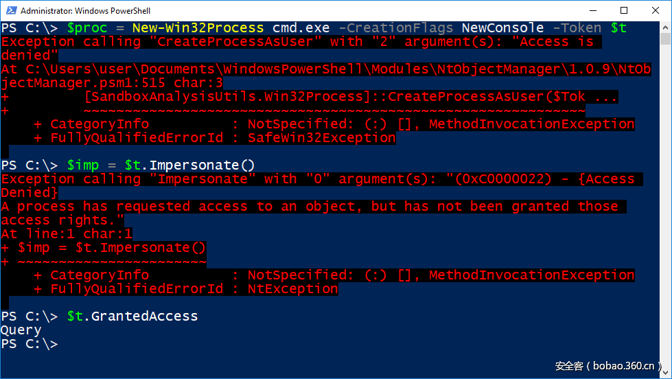 PowerShell console showing token can't be used for a new process or impersonation