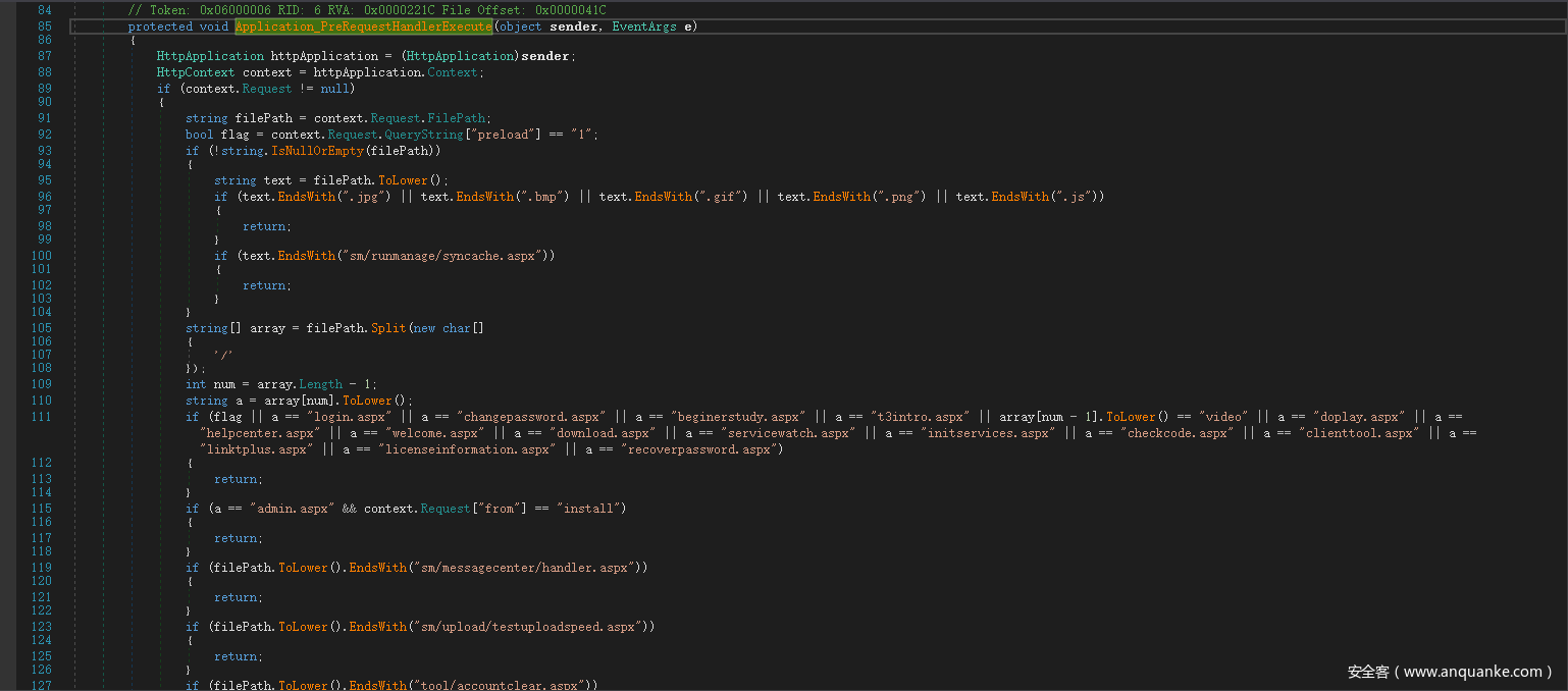 // Token: ox06000006 RID: 6 RVA: Ox0000221C File Offset: ox0000041C sender, EventAr s HttpAppIication httpAppIication — HttpAppIication) sender HttpContext cont ext (context. string fil ath httpAppIication Cont ext Request. FilePath cont ext bool flag Request. QueryString prel cont ext IsNuIIOrEmpty (filePath)) string (text. return fileP ath ToLower • jpg" t. aspx . png "t3intro. aspx t. (text. ( syncache. aspx return [ ] array string Split ( fileP ath . Length string ar r ay [nu_m] . ToLower "login. aspx " changepassword. aspx "beginerstudy. aspx" servicewatch. ar r ay [nu_m "helpcenter. aspx "linktplus. aspx" return "video" " checkcode. aspx " doplay. aspx" "clienttool. aspx (a "welcome. aspx "licenseinformation. aspx context Request " dovmload. aspx initservices. aspx recoverpassword. aspx " admin. aspx return (fileP ath ToLower return (fileP ath ToLower return . sm/messagecenter/handler. aspx . sm/upload/testuploadspeed. aspx 