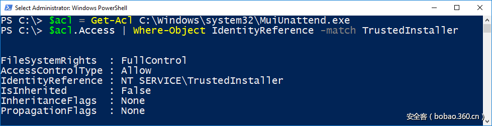 File ACL in PowerShell Showing Full TrustedInstaller name.