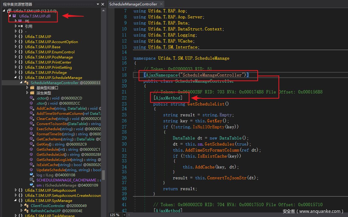 X ScheduleManageController UfIda.T.SM.UlP.dII Ufida.T.SM.UlP Ufida.T.SM.UIP.AccountOption Ufida.T.SM.UlP.Base Ufida.T.SM.UIP.EnumControl Ufida.T.SM.UIP.PosManage Ufida.T.SM.UIP.PrintCenter Ufida.T.SM.UIP.PrintSetting Ufida.T.SM.UIP.Privilege Ufida.T.SM.UIP.ScheduleManage ScheduleManageController @02000033 .cctoro : void @060002CD .ctoro : void @060002CC AddCache(string, Data Table) : void Add TimeStrFormatColumn(ref DataTi ClearCache(string) : 'mid @060002CÉ ConvertToJsonStr(DataTable) : string ExecSchedule(string) : 'mid @060002 FormatTimeStr(string) : string 00600 GetCacheItem(string) : Data Table GetKeyO : string @060002cg GetSchedule(int) : string @060002CI GetScheduIeListO : string 00600028F GetScheduleLogList(string) : string @ IsExistCache(string) : bool UpdateSchedule(string, string) : bool log : 'Log @04000108 SCHEDULEMANAGE CACHENAME : sm : 'ScheduleManage 004000109 Ufida.T.SM.UIP.SetupAccount L]fi d a VT .SM L] I P .Setu pAccou nt.CreateAccou n Ufida.T.SM.UIP.SysManage ClientTaaICantraIer 002000049 RefreshCacheUlP @0200004E 7 8 9 10 11 12 13 14 15 16 17 18 19 20 21 22 23 24 25 26 27 28 29 30 31 32 33 34 35 36 37 39 40 41 using using using using using using using Ufida. T. Uf i da. T. Uf i da. T. Uf i da. T. Uf i da. T. Uf i da. T. Ufida. T. EAP. Aop , EAP. Aop. Server ; EAP. Data EAP. DataStruct. Context , EAP. Logging; EAP. VCache; SM. Interface; namespace Ufida. T. SM. UIP. ScheduleManage CÅ3ÅxNameÅpace Schedul 002BF RID: 703 RVA: Ox000174B8 File LAjaxMethod] pu IC s r Ing etSchedu1eList ( ) string result = string. Empty , string key = this. GetKey() , if string. IsNu110rEmpty (key)) new DataTab1e ( ) ; DataTab1e dt this. sm. GetSchedu1es (true) ; dt ¯ this. AddTimeStrFormatC01umn (ref dt) , if this. IsExi stCache (key)) this. AddCache (key, dt) this. ConvertToJsonStr (dt) result ffset : return result; // Token: ox060002C0 RID: r A iaxMethodl 704 RVA: 0100017510 File Offset: Ox000156B8 0100015710 