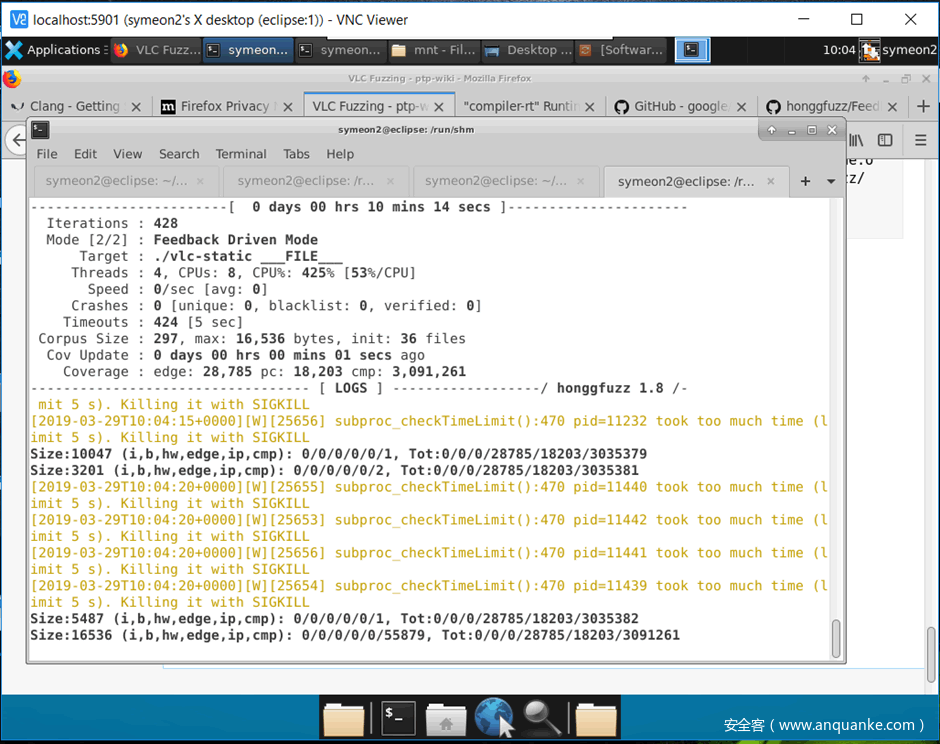 图8:Honggfuzz模糊检测二进制文件并获取覆盖信息 图8:Honggfuzz模糊检测二进制文件并获取覆盖信息